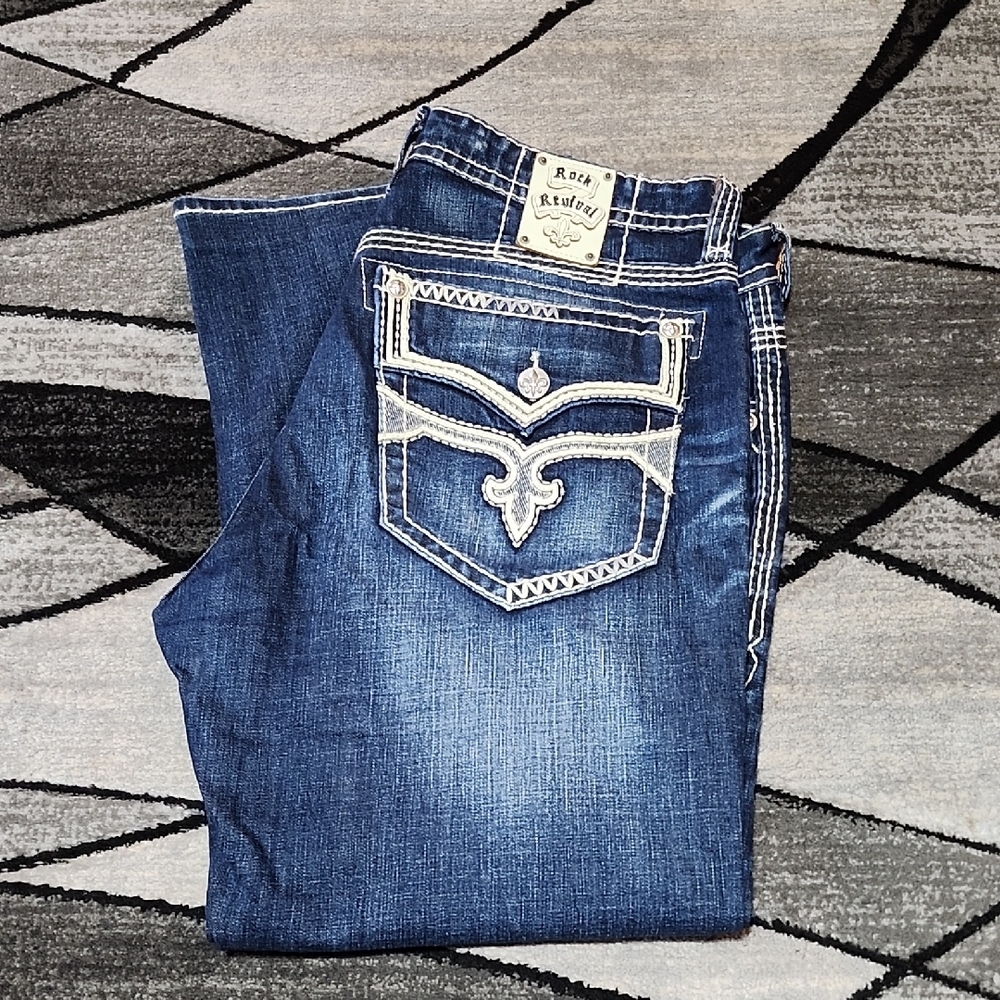ROCK REVIVAL RICKY EMBROIDERED FLEUR-DE-LIS FAUX-FLAP RELAXED STRAIGHT DENIMJEAN